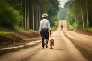 un' uomo a piedi il suo cane giù un' sporco strada. ai-generato foto