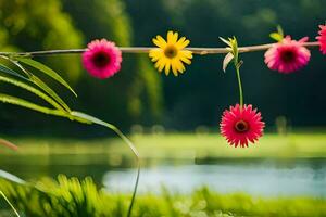 colorato fiori sospeso a partire dal un' ramo vicino un' lago. ai-generato foto