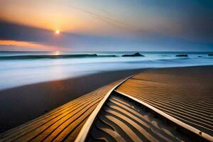 un' treno traccia su il spiaggia a tramonto. ai-generato foto