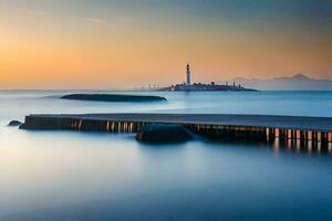 un' lungo esposizione fotografia di un' molo e faro a tramonto. ai-generato foto