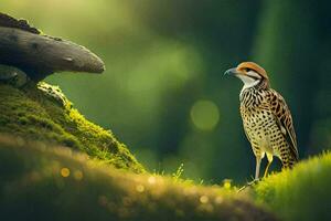 il uccello è in piedi su un' muschioso roccia nel il mezzo di un' verde campo. ai-generato foto