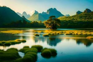 un' bellissimo paesaggio con montagne e acqua. ai-generato foto