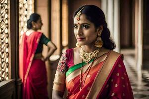 un' bellissimo indiano sposa nel un' rosso sari. ai-generato foto