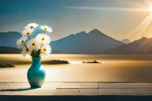 un' vaso con fiori su un' tavolo nel davanti di un' lago. ai-generato foto