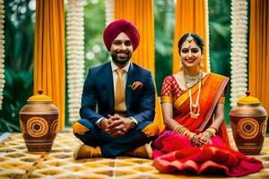 indiano nozze coppia seduta su il pavimento. ai-generato foto