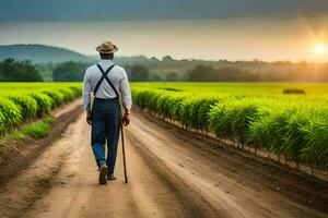 un' uomo a piedi giù un' sporco strada nel un' campo. ai-generato foto