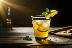 un' cocktail con Limone e menta su un' di legno tavolo. ai-generato foto