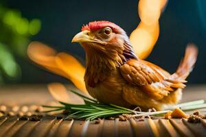 un' pollo con un' rosmarino rametto su un' di legno tavolo. ai-generato foto