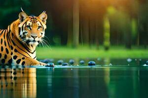 un' tigre è in piedi nel il acqua con suo testa fuori uso. ai-generato foto