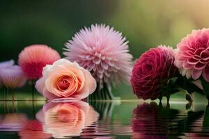 rosa fiori siamo riflessa nel acqua. ai-generato foto