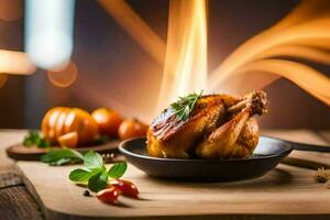 un' arrostito pollo su un' piatto con fuoco e Fumo. ai-generato foto