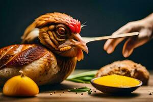 un' persona è Tenere un' cucchiaio al di sopra di un' pollo. ai-generato foto