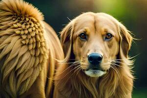 un' d'oro cane da riporto con lungo capelli in piedi nel il erba. ai-generato foto