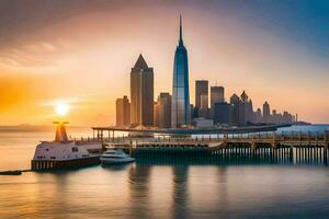 il sole sorge al di sopra di il città orizzonte nel dubai. ai-generato foto