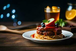 un' piatto con spaghetti e Polpette su esso. ai-generato foto