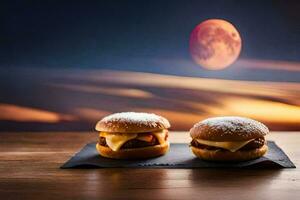 Due hamburger con formaggio e in polvere zucchero su superiore di un' tavolo. ai-generato foto