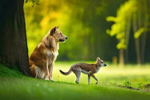 un' cane e un' Volpe nel il foresta. ai-generato foto