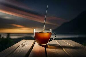 un' tazza di tè su un' di legno tavolo con un' tramonto nel il sfondo. ai-generato foto