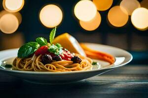 spaghetti con pomodoro salsa e verdure su un' piatto. ai-generato foto