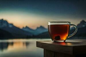un' tazza di tè si siede su un' di legno tavolo prospiciente un' lago. ai-generato foto