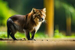 un' Marrone lupo in piedi su il terra nel il foresta. ai-generato foto