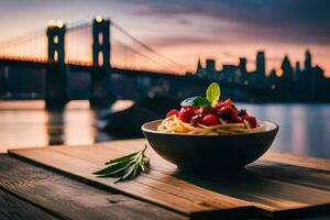 un' ciotola di pasta con un' Visualizza di il brooklyn ponte. ai-generato foto