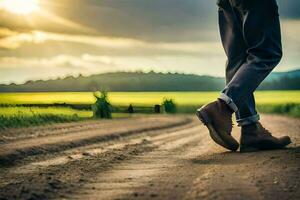 un' uomo a piedi su un' sporco strada con il suo scarpe Su. ai-generato foto