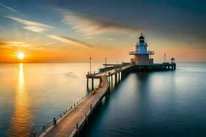 foto sfondo il cielo, il mare, il faro, il sole, il faro, il mare. ai-generato