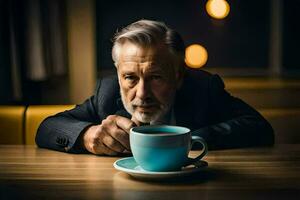 un più vecchio uomo nel un' completo da uomo e cravatta si siede a un' tavolo con un' tazza di caffè. ai-generato foto