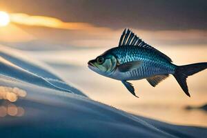 un' pesce è volante al di sopra di il oceano a tramonto. ai-generato foto