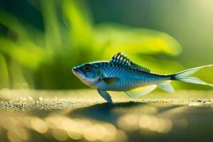 un' piccolo pesce è in piedi su il terra. ai-generato foto