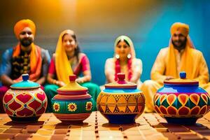 un' gruppo di persone nel colorato turbanti seduta in giro un' tavolo con colorato pentole. ai-generato foto