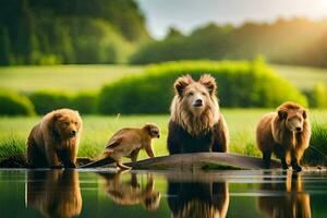quattro Marrone orsi in piedi nel il acqua. ai-generato foto