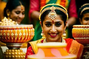 un' donna nel tradizionale indiano abbigliamento sorrisi mentre Tenere un' pentola. ai-generato foto
