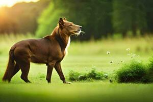 un' cane è in piedi nel il erba con il sole ambientazione dietro a esso. ai-generato foto