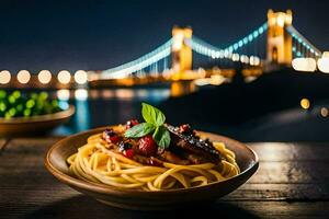 un' piatto di spaghetti con carne e salsa nel davanti di il ponte. ai-generato foto