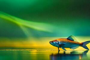 un' pesce è in piedi su il acqua con un' verde luce. ai-generato foto