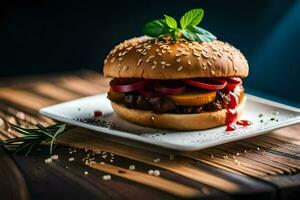 un' Hamburger con pomodoro e erbe aromatiche su un' bianca piatto. ai-generato foto