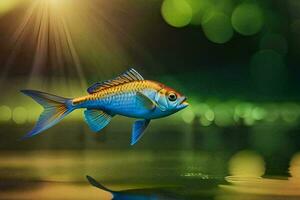 un' pesce è nuoto nel il acqua con un' luminosa luce. ai-generato foto