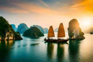 halong baia, Vietnam, tramonto, barca, tramonto, Vietnam, v. ai-generato foto