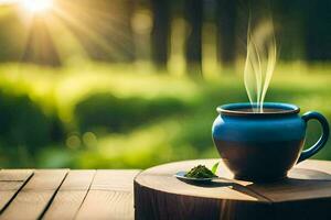 un' tazza di tè su un' di legno tavolo nel il sole. ai-generato foto