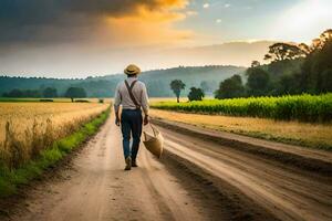 un' uomo a piedi giù un' sporco strada con un' cestino. ai-generato foto