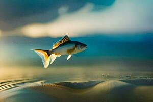 un' pesce è volante al di sopra di il oceano a tramonto. ai-generato foto