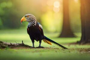 un' colorato uccello in piedi su il erba nel il foresta. ai-generato foto