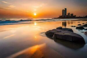 tramonto su il spiaggia con rocce e acqua. ai-generato foto