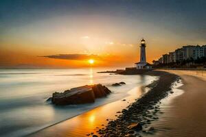 il sole imposta al di sopra di un' faro su il spiaggia. ai-generato foto