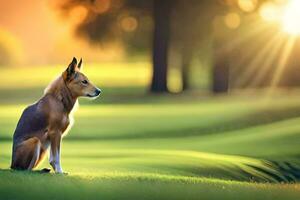 un' cane seduta su il erba nel il sole. ai-generato foto