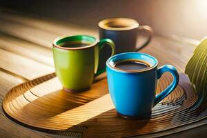 tre caffè tazze su un' di legno vassoio. ai-generato foto