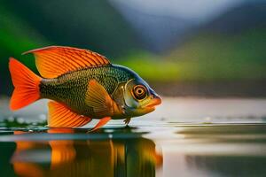 un' pesce è in piedi su il acqua con suo coda fuori. ai-generato foto