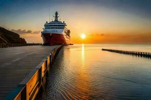 un' crociera nave attraccato a il fine di un' molo. ai-generato foto